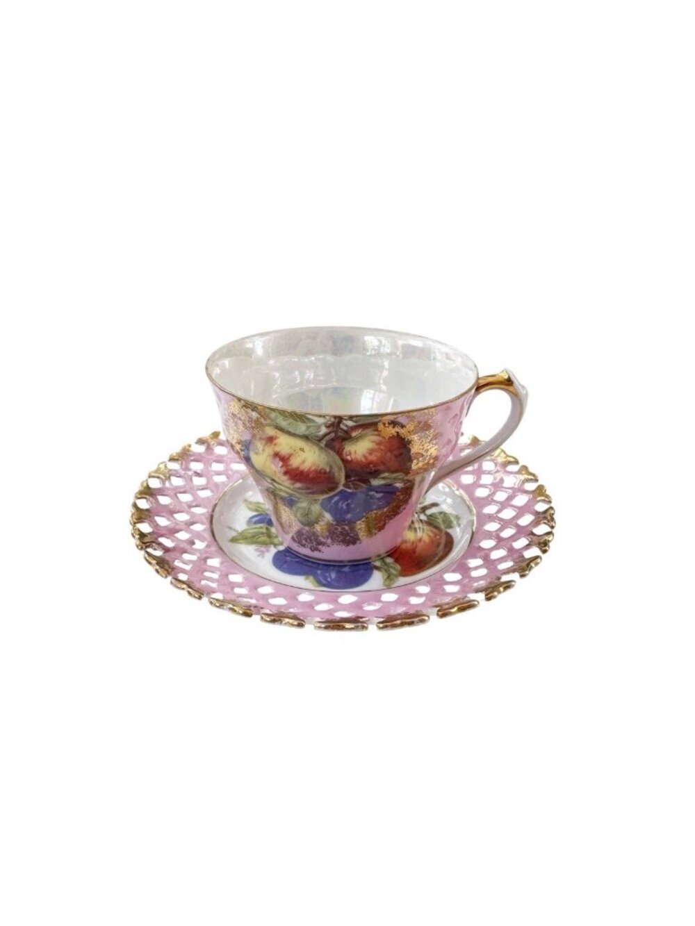 Vintage LM Royal Halsey Pink Luster Iridescent Fruit Teacup & Saucer Set Japan